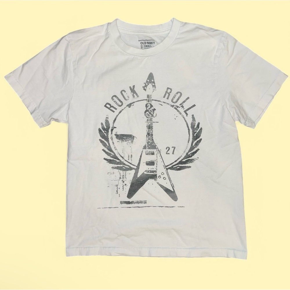 Vintage Y2K Old Navy Rock-n-Roll Guitar Tee. White. Men’s Small. Grunge Indie